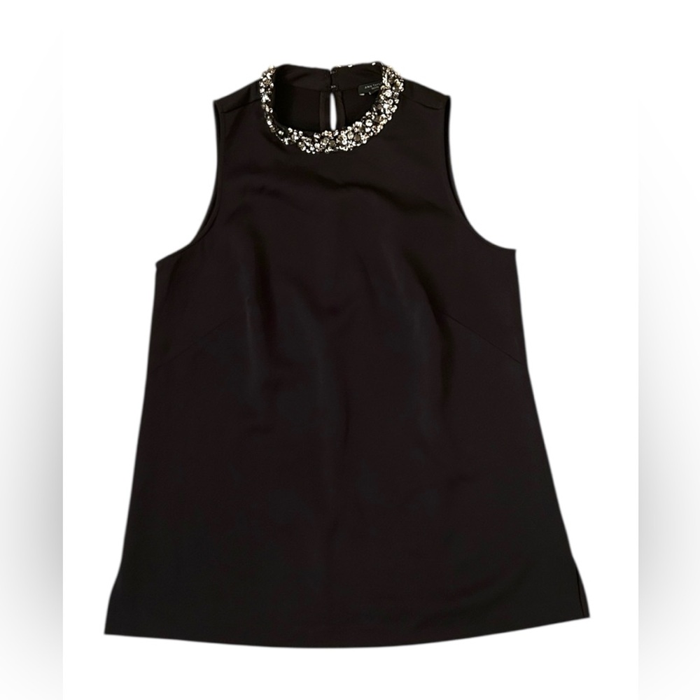 Ann Taylor Black Slate Grey Crystal Collar Shell Sleeveless Top Petite Small